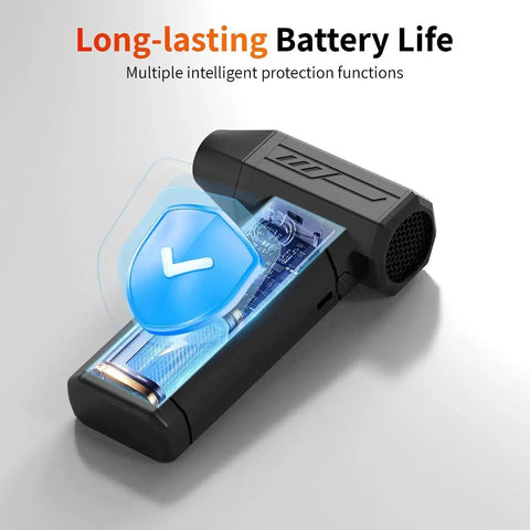 Powerful 130000 RPM Cordless Air Duster With LED Light showing internal battery design and long-lasting battery life