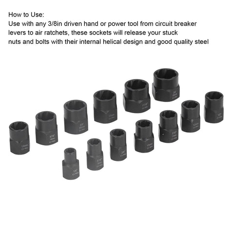 Beefy 13 Piece Impact Nut And Bolt Removal Kit with heavy duty chrome molybdenum steel sockets in various sizes.