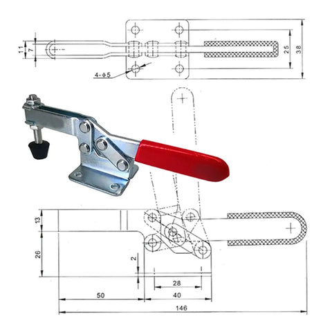 Beefy 182kg Toggle Clamps Two Pack Anti Rust Alloy Steel Horizontal Hold Downs With Quick Release and technical drawings
