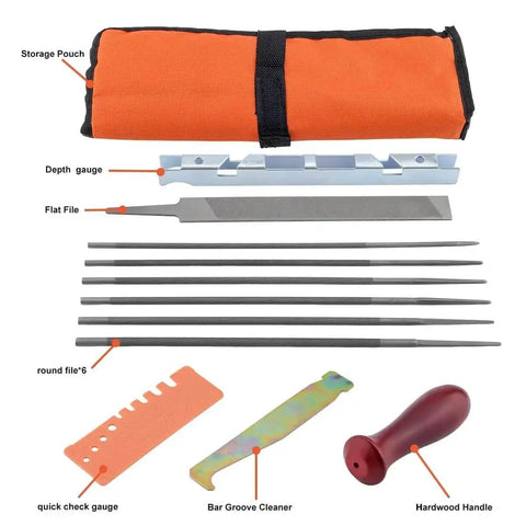 Chainsaw Sharpening Kit 12 Piece All In One Set With Round File Sizes 5 32 3 16 7 32 1 8 11 64 13 64 And 6 Inch Flat File Plus Depth Gauge Quick Check Gauge For Easy Field Sharpening By Hipa, showing tools and orange pouch