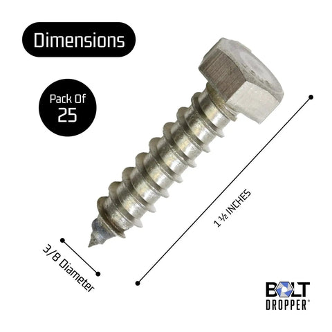 Three Eighths Inch By One And One Half Inch Stainless Steel Lag Screws With Hex Head For Wood 304 Stainless Plain Finish Coarse Thread 25 Pack