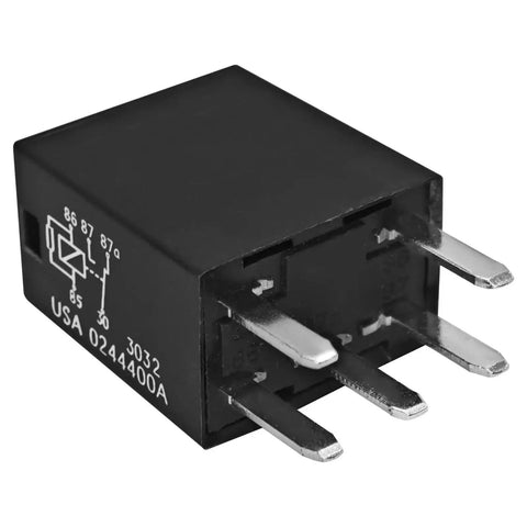 Close-up of Beefy 30A 12VDC 5-pin automotive relay for Chrysler Dodge Jeep, illustrating pin configuration and design.