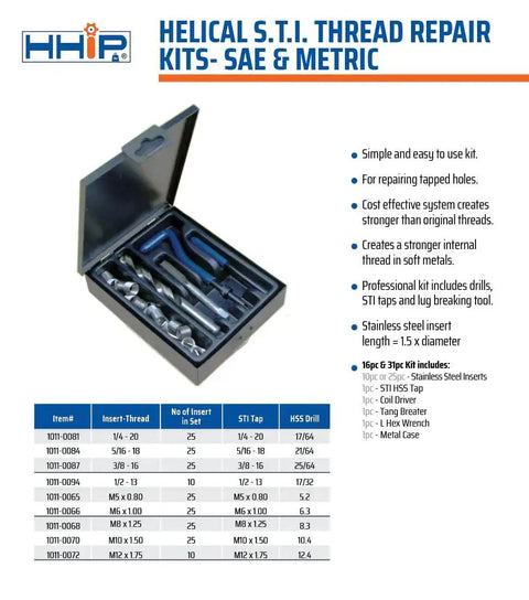 M5 X 0.8 Helical STI Thread Repair Kit, 31 Piece Set With 25 Stainless Steel Inserts, tap, drill, driver in a case