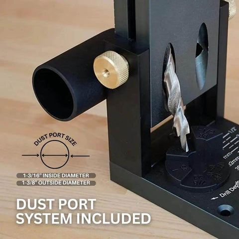 Aluminum Pocket Hole Jig System Pro M2 Adjustable And Easy To Use Joinery Woodworking Tool close-up with dust spout connector
