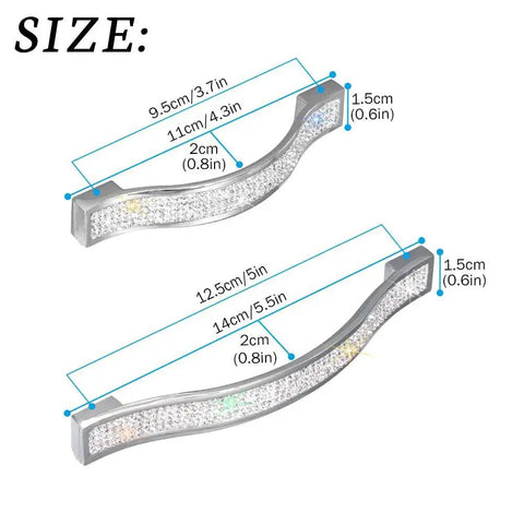 Crystal Drawer Pulls Bling Handles size diagram with measurements for 14 cm pulls in white with stainless steel core, 4-pack.