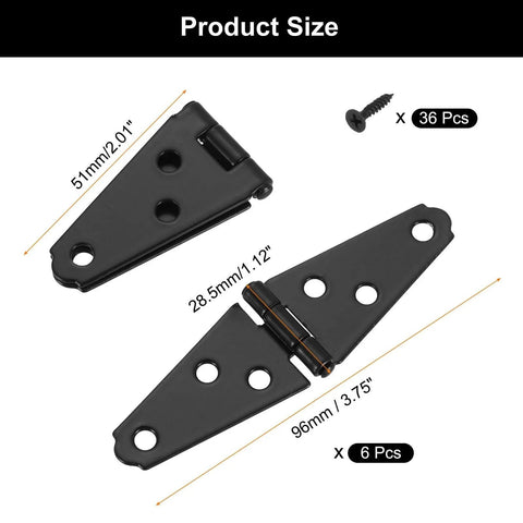 Six Pack Strap Hinges Set, 2 Inch Heavy Duty Shed Door Hinges with Screws, Black Durable Iron, product size details with screws