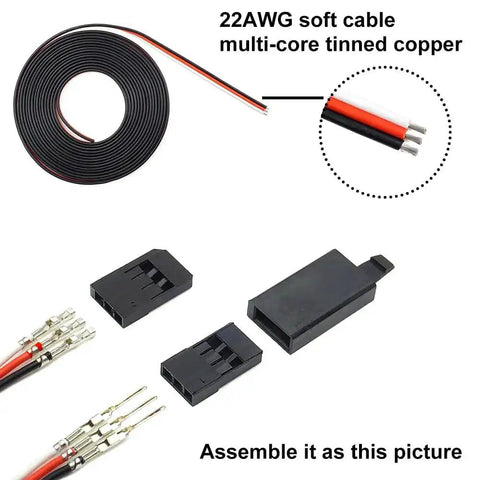 Components of Pro RC Servo Connector Kit With Crimp Tool And Tweezers, showing 22AWG cable, male and female connectors.