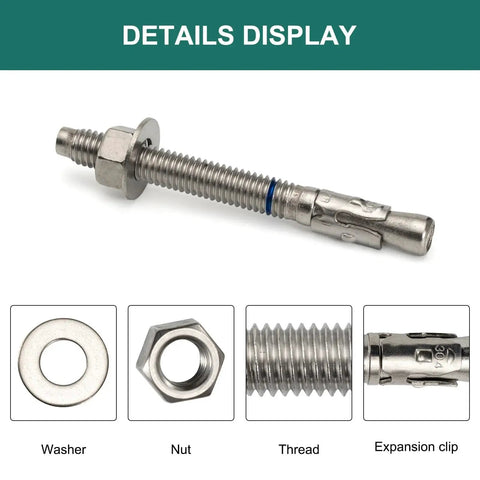 Three Eighths Inch By Three And Three Quarters Inch Concrete Anchors 25 Pack Stainless Steel Wedge Bolts with washer and nut display