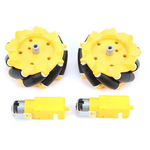 80mm Mecanum Wheel For TT Geared Motor Rubber Coated Left And Right Translation For Smart Robot Car, yellow wheels and motors.