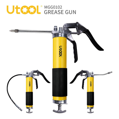 UTOOL grease gun set, yellow matte finish, 8000 PSI, 14 oz with 18in resin hose; three units shown.