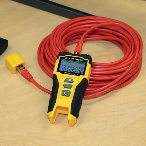 LAN Scout Jr 2 Ethernet Cable Tester For CAT5e CAT6 CAT6A RJ45 Cables With Backlit LCD Wiremap on coiled red cable