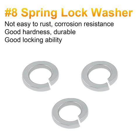 Spring lock washer #8, stainless steel, silver; 3 washers shown (top view)