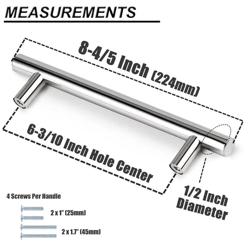 5 Pack Chrome Kitchen Cabinet Pulls Euro T Bar Handles showing measurements