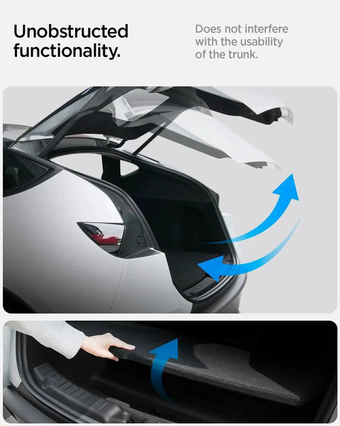 Installed Model Y Rear Bumper Trunk Sill Guard With Easy Glide Grooves 2025 2026, showing clean fit under trunk seal