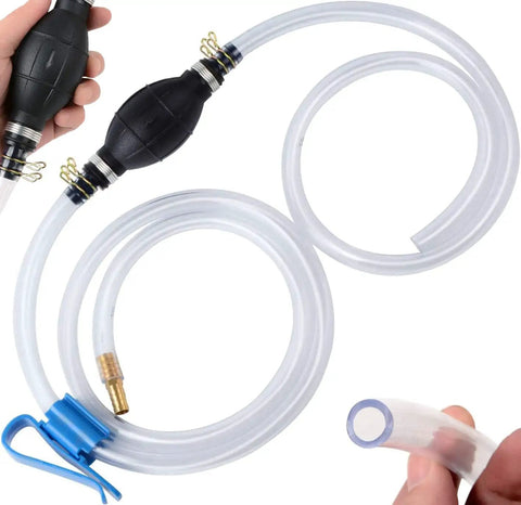 Fast Start Siphon Pump For Gasoline Diesel Transfer, Manual Hand Pump with two durable PVC hoses and brass fittings.