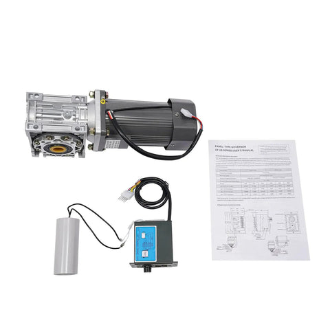 AC 110V 370W Worm Gear Reducer Motor With Speed Controller 1 To 50 Reduction, motor and components on display