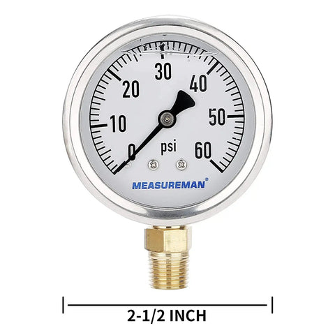 Glycerin Filled Plumbing Pressure Gauge For Vibration Prone Lines, 0 To 60 PSI, 2 And One Half Inch Dial, Stainless Steel Case, 1/4 Inch NPT