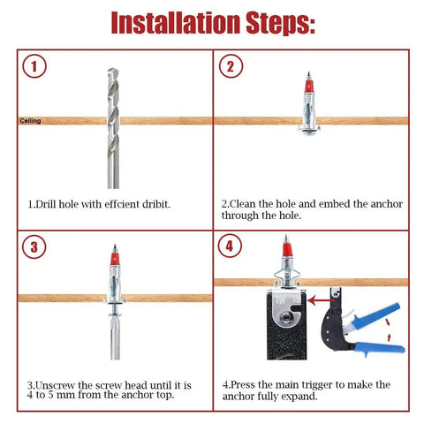 Installation guide for 24 Piece Hollow Wall Anchors Kit with drill, embed, unscrew, and expand steps for drywall mounting.