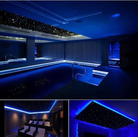 Dual Color 32W Fiber Optic Starlight Headliner Kit With 2300 Fibers installed on pool ceiling creating starry night effect.