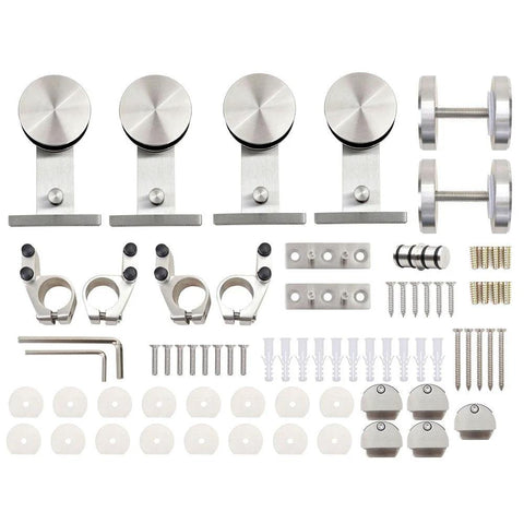 Stainless Steel Sliding Barn Door Hardware Kit 10 Foot Track For Double Doors Includes Two 1525mm Rails Heavy Duty Indoor Outdoor Ready Easy Install Smooth Quiet Operation Built Tough For Home Renovations And Modern Style components laid out.