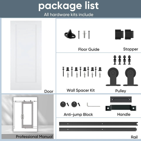 Package list showing 36x84 Inch White Primed Sliding Barn Door with 6 ft hardware kit, handle, and accessories for installation.