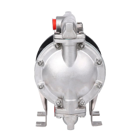Front view of air-operated double diaphragm pump with 1-inch inlet/outlet, aluminum alloy body, silver finish, red port cap.