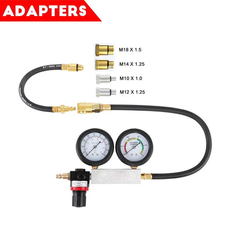 Multi Function Cylinder Leak Down Tester Kit For Gasoline Engines with dual gauge and adapters shown.