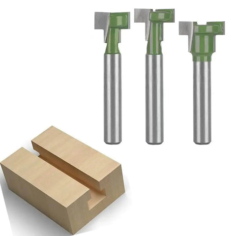 Keyhole Router Bit Set For Woodworking Six Piece Kit With Blade Diameters One Quarter Inch Five Sixteenth Inch Three Eighth Inch Nine Sixteenth Inch One Half Inch And Five Eighth Inch C2 Carbide Inserts Pro Grade Durable Alloy Bits For Slotting Tracks, showing three bits and wood cut sample.