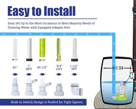 One Third HP Submersible Sump Pump With Flow Sensor Switch showing adapter kits and installation instructions