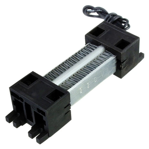 PTC ceramic air heater element with metal finned core and black plastic end housings for 12V–220V