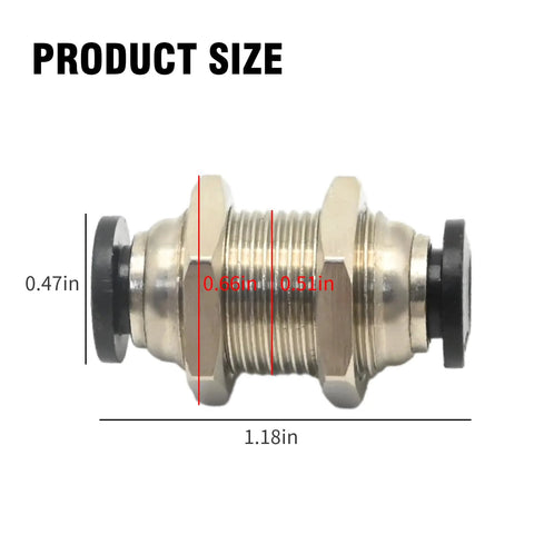 Bulkhead union fitting, 6mm to 6mm tube OD, metal push-on connector for air and water systems
