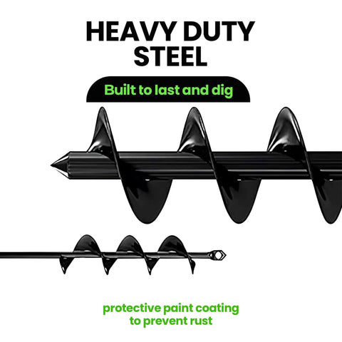 No Fuss Planting Auger Drill Bit Set For Bulbs And Garden Holes 1.6 By 16 Inch And 3.5 By 16 Inch Two Pack Spiral Hole Digger For Umbrella Hole Prep Compatible With Three Eighth Inch Hex Drive K-Brands, showing black spiral auger bits with protective paint coating.