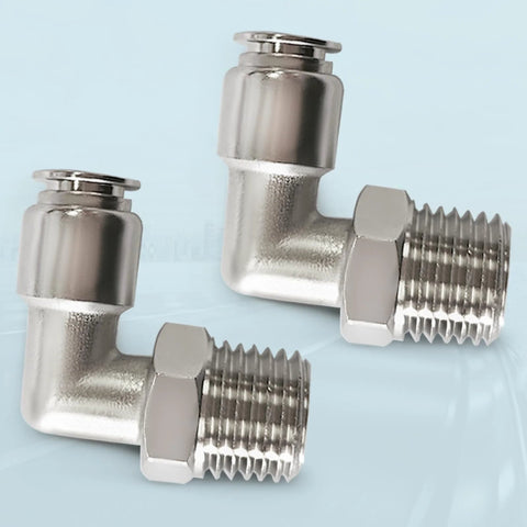 Two 304 stainless steel pneumatic male elbow fittings, 1/4" NPT x 1/4" tube OD, push-to-connect for air suspension.