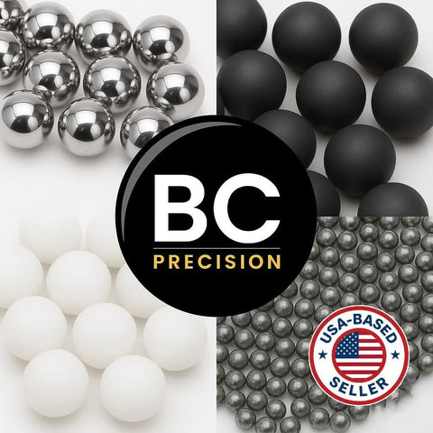 BCP Fasteners collage: metal spheres, white spheres, black spheres, BC Precision logo, USA seller badge.