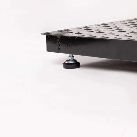 Close-up of 24 By 24 Inch Industrial Floor Scale With Heavy Duty Diamond Plate Platform and leveling foot shown, side view.