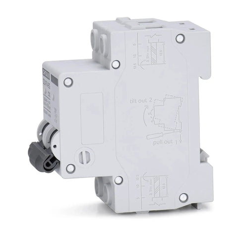 Side view of a 32 Amp AC Miniature Circuit Breaker 2 Pole DIN Rail Mount Thermal Magnetic Trip Switch for solar or home AC systems.