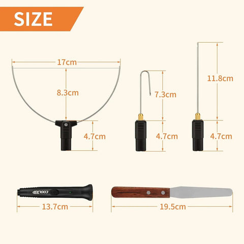 Versatile Hot Wire Foam Cutter Kit By Cooltop, 18W Electric Styrofoam Knife Cutter with size measurements for each tool