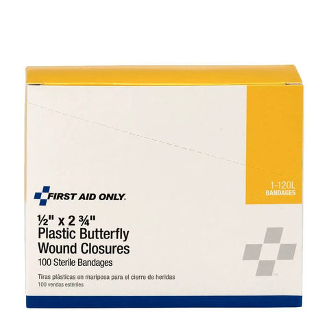 Box of Butterfly Adhesive Wound Closure Strips for First Aid Kits, large size 2.75 x 0.5 inch, 100 count refill.