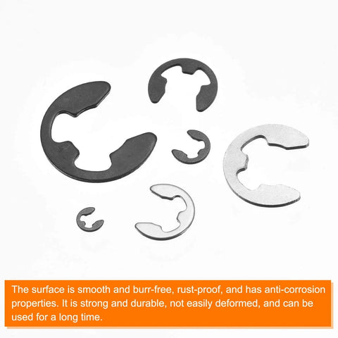 50 Pack External Retaining Rings 5.25mm One Quarter Inch 65Mn Carbon Steel E Clip Circlip Snap Rings, assorted sizes shown