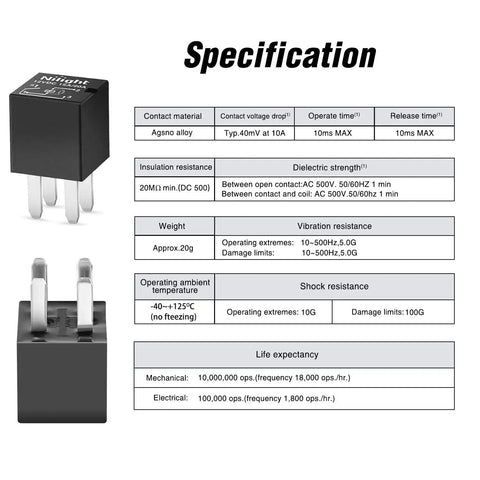 Specifications for 5 Pack 4 Pin SPNO Automotive Relay 20A Sealed, dimensions, voltage, and material details, 2 Year Warranty