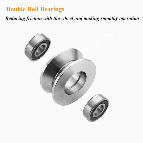 Double roll bearings for Beefy Build Sliding Gate Rollers with Stainless Steel V Groove Wheels shown in close-up.