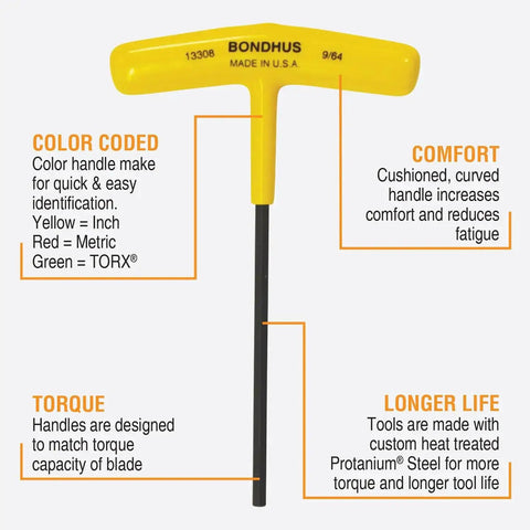 Yellow 9/64 inch T-handle from the Ten Piece Hex T Handle Set With Stand Includes Sizes 3/32 Through 3/8 Inch Cushioned Ergonomic Grip Pro Grade Tools Built Tough Made In The USA For Pro Techwork And Home Repairs