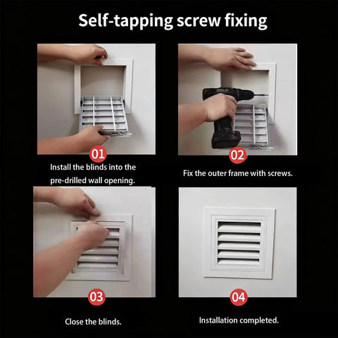 Access Panel 8x8 inch, heavy-duty aluminum vent door with louvers; four-step self-tapping screw installation infographic.
