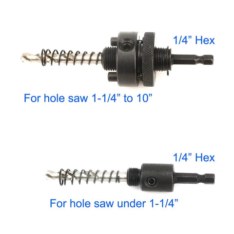 Six Piece Bi Metal Hole Saw Arbor Set With One Quarter Inch Hex Quick Change showing two arbors for different saw sizes