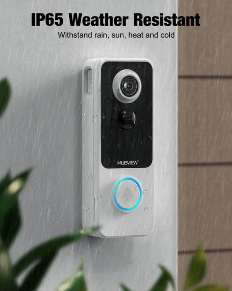 Wireless Video Doorbell With Chime 1080P HD Two Way Talk Night Vision Human Detection Local MicroSD Card Or Cloud Storage No Subscriptions AES Encrypted Cloud Storage Easy Setup installed on wall, shown in rain, IP65 weather resistant