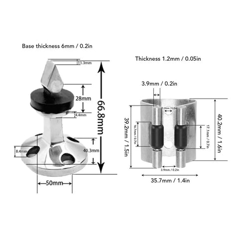 Front and side views of two-piece Aramox 316 stainless steel door stopper and holder for RV, boat, home use.