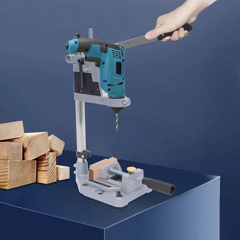 Person using Beefy Sturdy Drill Press Adapter Stand For Floor Or Table Use Universal Bench Clamp For Drill Workbench And Repairs Aluminum Base