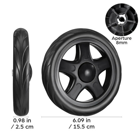 Side and front view of black shopping cart wheel, 6.09 in diameter, part of 2 Pack Heavy Duty Shopping Cart Wheels Replacement For Trolley Carts Compact.