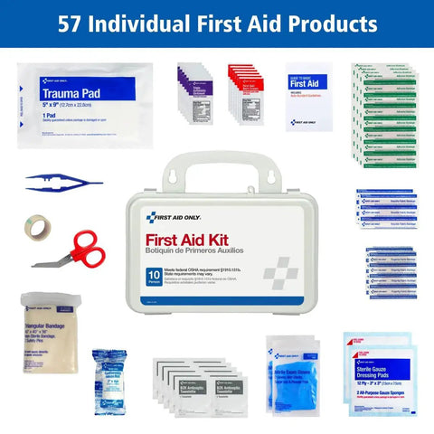 All Purpose 57 Piece Emergency First Aid Kit For 10 People, Ideal For Office, Worksite, Home, And Car with bandages, gauze, scissors.