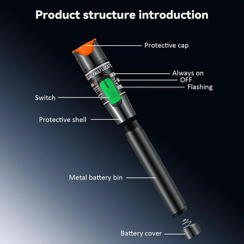 CHunreegow Visual Fault Locator VFL fiber optic tester, front view with orange protective cap, green switch, and metal battery bin